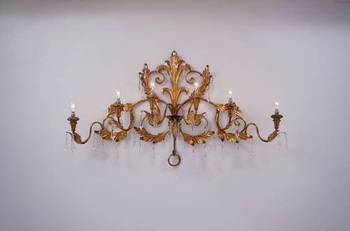 Gilt tone sconce, large 6 lights, with crystals, 1950`s ca, Italian